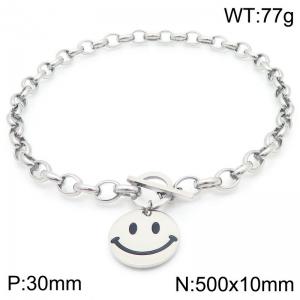 Stainless steel polished OT buckle oval pearl chain paired with smiley face emoji pendant - KN291438-Z