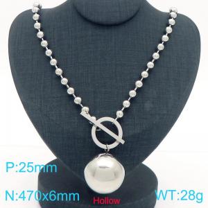 Stainless steel polished OT buckle round bead necklace paired with 25mm hollow steel bead pendant - KN291453-Z