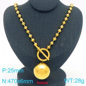 Stainless steel polished OT buckle round bead necklace paired with 25mm hollow steel bead pendant - KN291454-Z