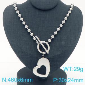 Stainless steel polished OT buckle round bead necklace paired with hollowed out heart-shaped pendant - KN291671-Z