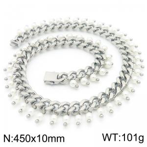 Stainless steel Cuban necklace paired with a circle of pearl pendants - KN291735-Z