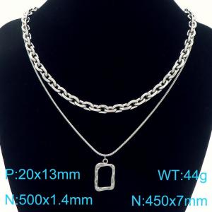 Fashionable stainless steel double-layer layered necklace paired with hollowed out square pendant - KN291750-Z