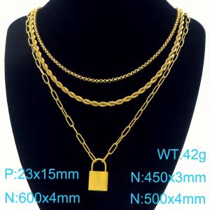 Fashionable stainless steel triple layered necklace with lock pendant - KN291751-Z