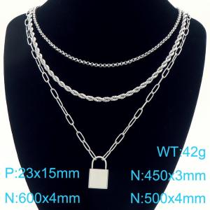 Fashionable stainless steel triple layered necklace with lock pendant - KN291752-Z