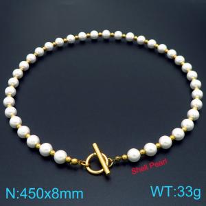 Fashion pearl chain paired with stainless steel perforated bead OT buckle necklace - KN291757-Z