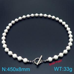 Fashion pearl chain paired with stainless steel perforated bead OT buckle necklace - KN291758-Z