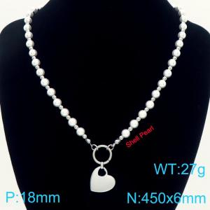 Fashionable OT buckle pearl and stainless steel perforated bead combination necklace paired with heart-shaped pendant - KN291759-Z
