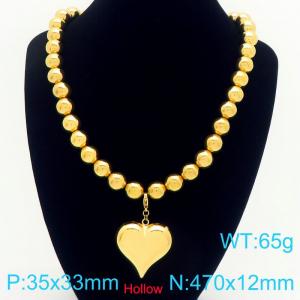 Fashionable stainless steel perforated steel ball necklace paired with hollow heart pendant - KN291763-Z
