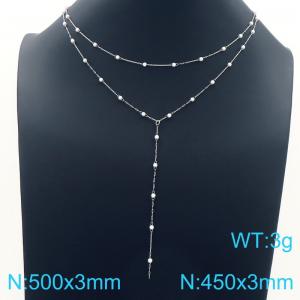 European and American fashion personality stainless steel creative long tassel multi-layer pearl chain jewelry charm silver necklace - KN291777-Z