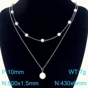 French style niche personality stainless steel creative double-layer imitation pearl chain pearl pendant temperament silver necklace - KN291784-Z
