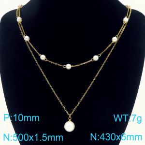 French style niche personality stainless steel creative double-layer imitation pearl chain pearl pendant temperament gold necklace - KN291785-Z