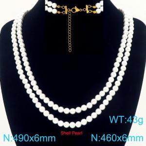 French fashion personality stainless steel creative double-layer imitation pearl bead chain women's jewelry charm gold necklace - KN291786-Z