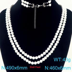 French fashion personality stainless steel creative double-layer imitation pearl bead chain women's jewelry charm silver necklace - KN291787-Z