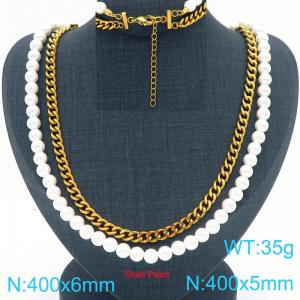 French fashion personality stainless steel creative double-layer imitation pearl chain mixed with Cuban chain women's jewelry charm gold necklace - KN291788-Z
