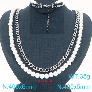 French fashion personality stainless steel creative double-layer imitation pearl chain mixed with Cuban chain women's jewelry charm silver necklace - KN291789-Z