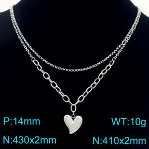 Stainless Steel Necklace Double Chain With Heart Pendant Silver Color - KN291951-Z
