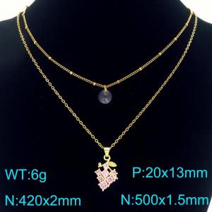 Women Gold-Plated Stainless Steel Pink Rhinestones Grape Pendant Necklace - KN292319-Z