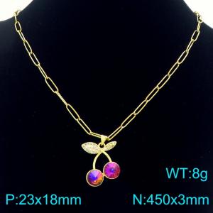 Women Gold-Plated Stainless Steel Rainbow Zircon Cherry Pendant Necklace - KN292324-Z