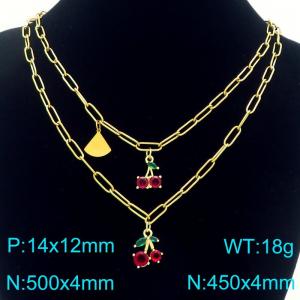 Women Gold-Plated Stainless Steel Double Chain Necklace with Cherry Pendants - KN292325-Z