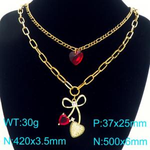 Women Gold-Plated Stainless Steel Double Chain Necklace with Cherry&Love Heart Pendants - KN292326-Z
