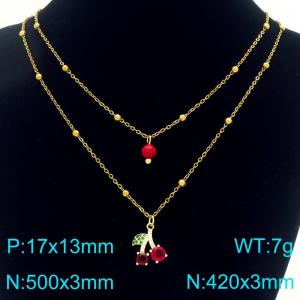 Women Gold-Plated Stainless Steel Double Chain Necklace with Cartoon Cherry Pendants - KN292327-Z