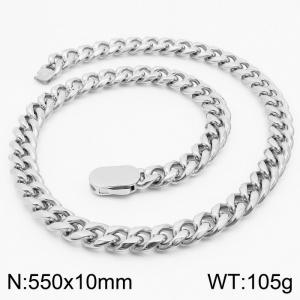 10mm Stainless Steel Cuban Chain Necklace Men's Silver Color Shiny Hip Hop Jewelry - KN292451-Z