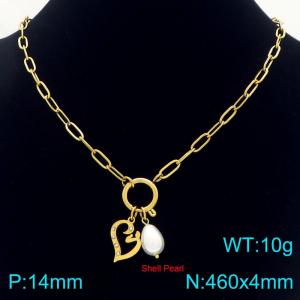 Fashionable stainless steel hollow heart-shaped diamond necklace paired with pearl pendant - KN292716-Z