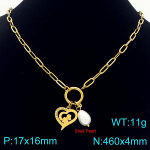 Stainless steel hollow heart-shaped mother diamond necklace paired with pearl pendant for Mother's Day gift - KN292732-Z