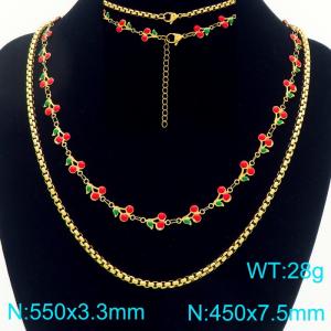 Boho Cherry Charm Bracelet Women's Gold Color Stainless Steel Double Chain Jewelry - KN293030-Z