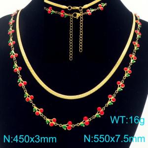 Boho Cherry Charm Bracelet Women's Gold Color Stainless Steel Double Chain Jewelry - KN293036-Z