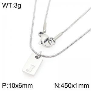 Stainless steel snake bone chain hanging square plaque carving letter J pendant jewelry charm silver necklace - KN293410-Z