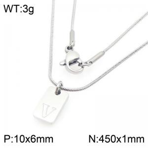 Stainless steel snake bone chain hanging square plaque carving letter V pendant jewelry charm silver necklace - KN293422-Z