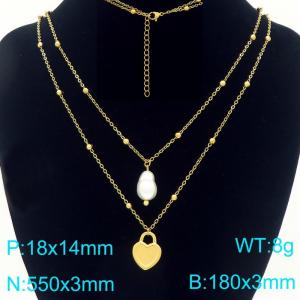 Stainless steel double-layer layered pearl chain necklace with heart and pearl pendant - KN293861-Z