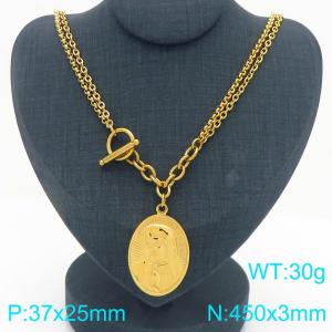 Stainless steel double-layer spliced chain necklace paired with Virgin Mary pendant - KN293862-Z
