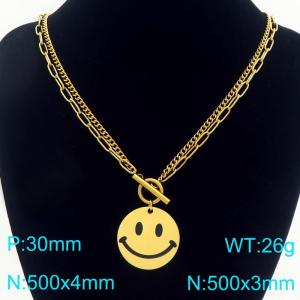 Stainless steel double-layer splicing OT buckle necklace with smiling face tag - KN293924-Z