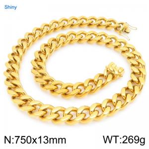 13mm Wide 750cm Long Stainless Steel Necklace Cuban Chain Shiny Gold Color - KN295547-ZLY
