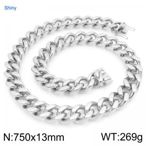 13mm Wide 750cm Long Stainless Steel Necklace Cuban Chain Shiny Silver Color - KN295554-ZLY