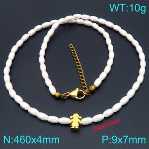 Stainless steel little girl accessory splicing oval imitation pearl bead chain lobster buckle charm gold necklace - KN296577-Z
