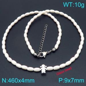 Stainless steel little girl accessory splicing oval imitation pearl bead chain lobster buckle charm silver necklace - KN296578-Z