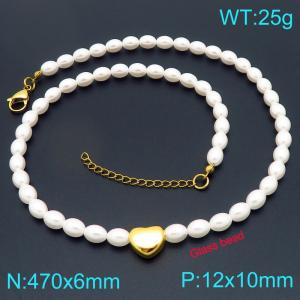 Stainless steel heart-shaped accessory splicing elliptical imitation pearl bead chain lobster buckle charm gold necklace - KN296579-Z