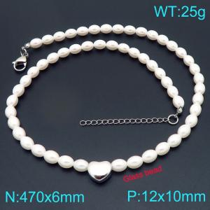 Stainless steel heart-shaped accessory splicing elliptical imitation pearl bead chain lobster buckle charm silver necklace - KN296580-Z