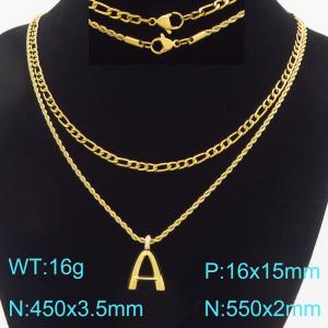 Personalized and fashionable stainless steel gold-plated double-layer layered necklace paired with diamond studded bubble letter pendant - KN296829-Z