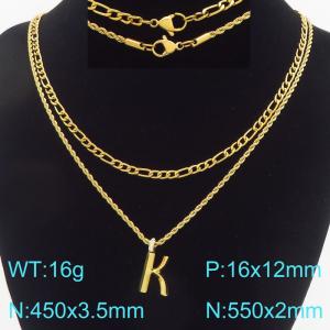 Personalized and fashionable stainless steel gold-plated double-layer layered necklace paired with diamond studded bubble letter pendant - KN296839-Z