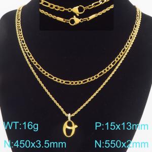 Personalized and fashionable stainless steel gold-plated double-layer layered necklace paired with diamond studded bubble letter pendant - KN296843-Z