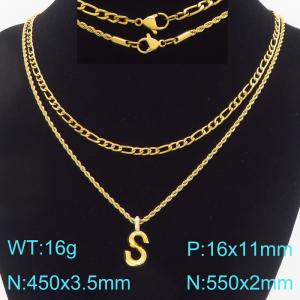 Personalized and fashionable stainless steel gold-plated double-layer layered necklace paired with diamond studded bubble letter pendant - KN296847-Z