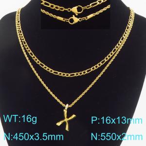 Personalized and fashionable stainless steel gold-plated double-layer layered necklace paired with diamond studded bubble letter pendant - KN296852-Z
