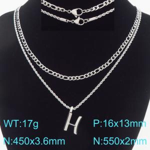 Personalized and fashionable stainless steel double-layer layered necklace paired with diamond studded bubble letter pendant - KN296862-Z
