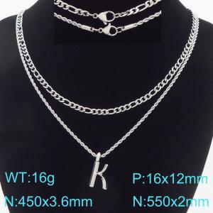 Personalized and fashionable stainless steel double-layer layered necklace paired with diamond studded bubble letter pendant - KN296865-Z