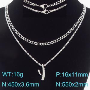 Personalized and fashionable stainless steel double-layer layered necklace paired with diamond studded bubble letter pendant - KN296879-Z
