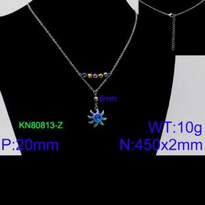 European and American fashion stainless steel handmade beaded splicing with fine O-chain hanging deep blue stone sun pendant charm silver necklace - KN80813-Z